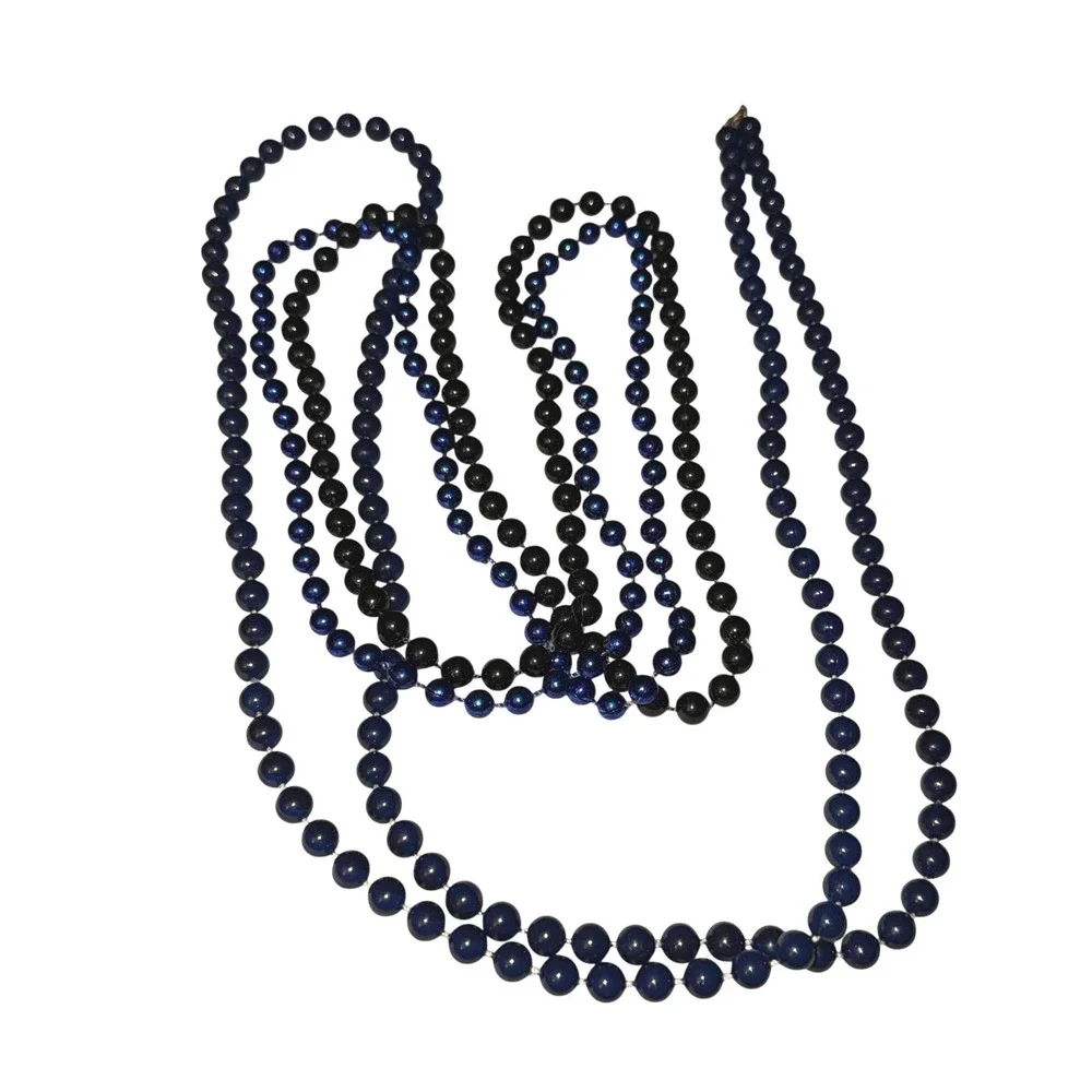 Vintage Long Beaded Strand Necklace Navy Blue Black Metallic Round Beads 60 Inch